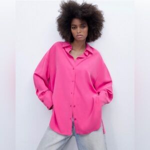 Zara Bright Pink Button Down Shirt Hi Low